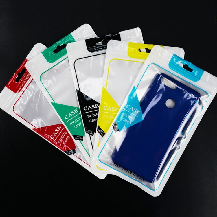 Assorted clear self-sealing phone case packaging bags with colored borders; blue case inside