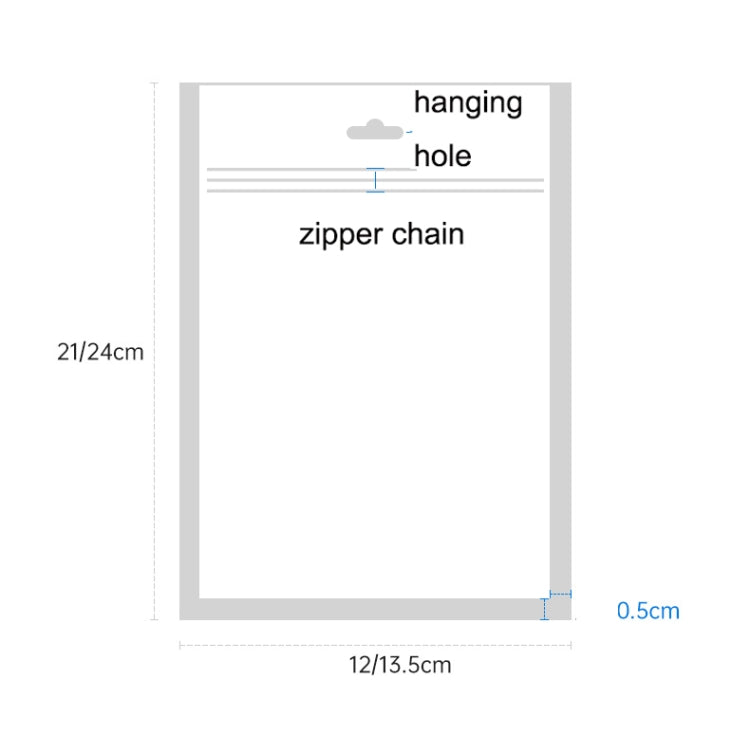 Phone case packaging bag size diagram with hanging hole and zipper chain measures