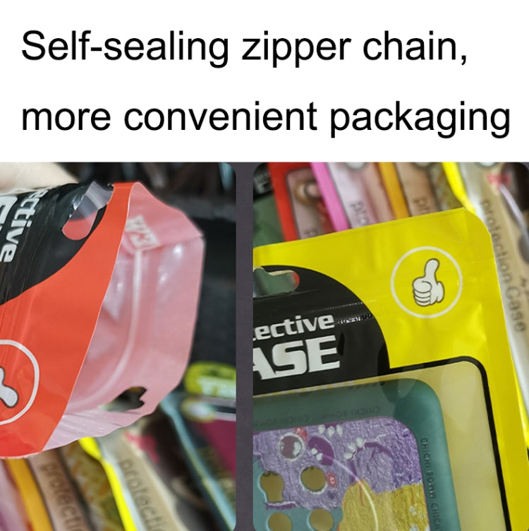 Self-sealing zipper chain detail on phone case packaging bag