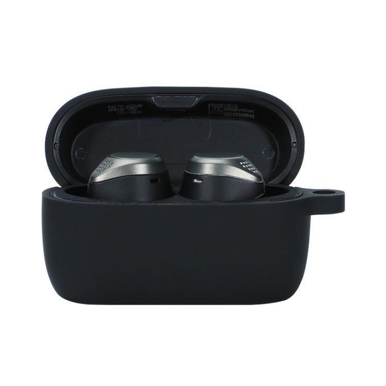 Black soft silicone charging case for wireless earbuds, lid open with two earbuds inside