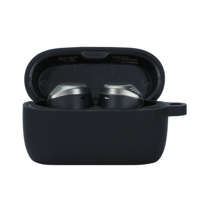 Black soft silicone charging case for wireless earbuds, lid open with two earbuds inside