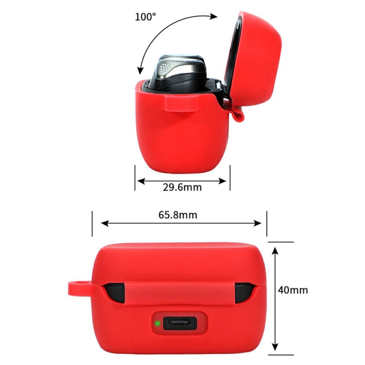 Red soft silicone charging case with hook, earbuds inside; front and side dimensions shown