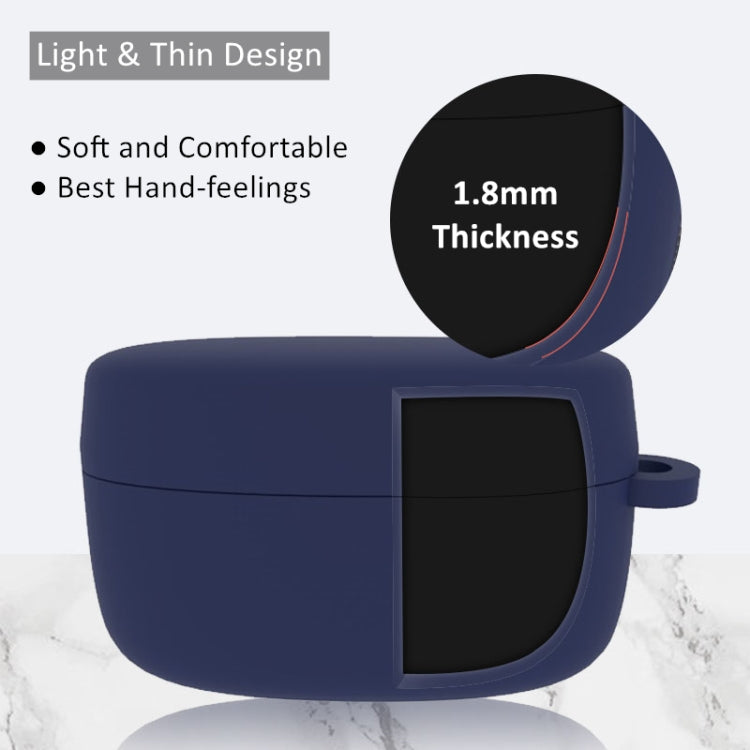 Blue soft silicone charging case with hook, close-up side view, lid partially open