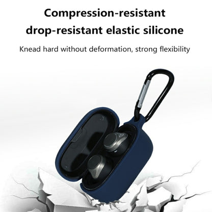 Navy soft silicone charging case with carabiner hook and earbuds inside