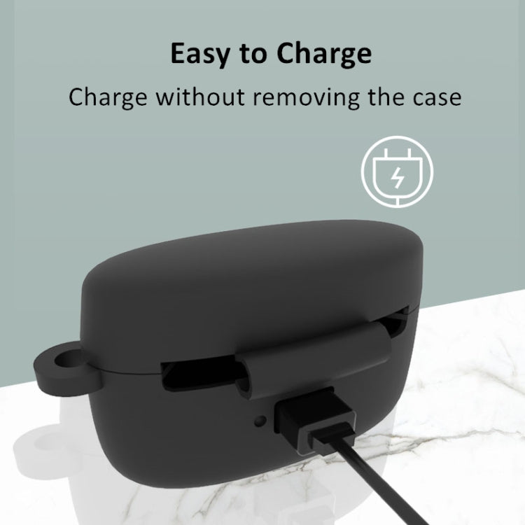 Black soft silicone charging case showing side charging port with cable connected