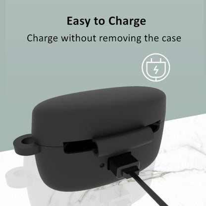 Black soft silicone charging case showing side charging port with cable connected