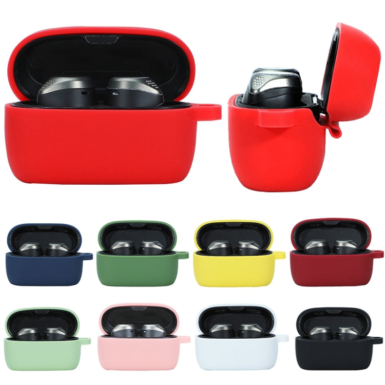 Red soft silicone charging case for wireless earbuds, lid open and small hook, color set shown