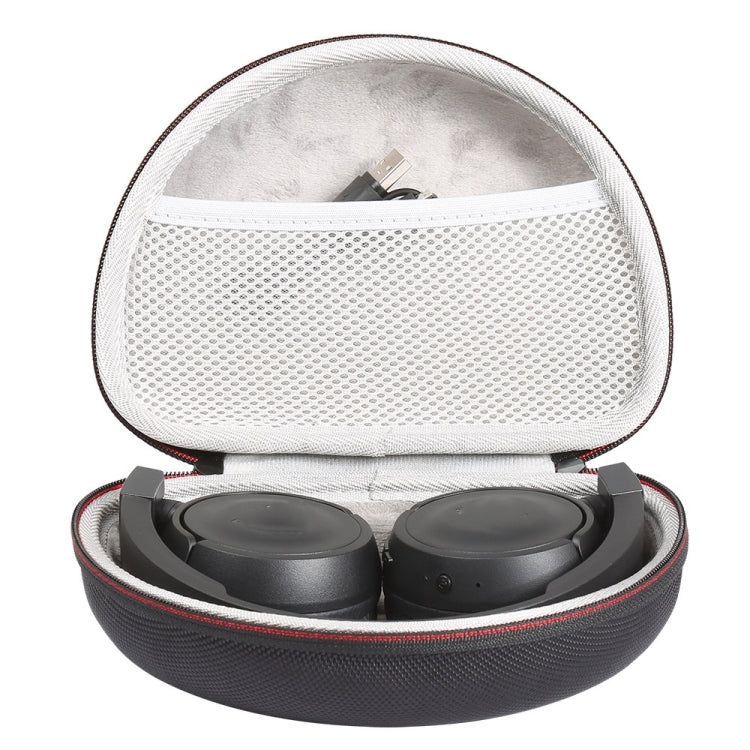 Black hard-shell headphone case with white lining, holding two earcups