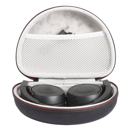 Black hard-shell headphone case with white lining, holding two earcups