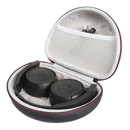 Open headphone case with white lining, two earcups and cable accessory