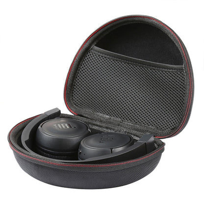 Open headphone case with black lining, holding two earcups