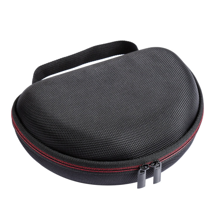 Black headphone storage case with red-trim zipper and carrying strap