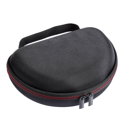 Black headphone storage case with red-trim zipper and carrying strap