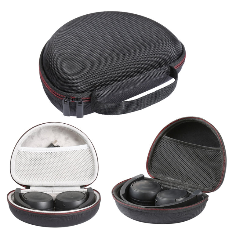 Headphone storage case shown open with white and black padded interiors