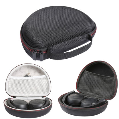 Headphone storage case shown open with white and black padded interiors