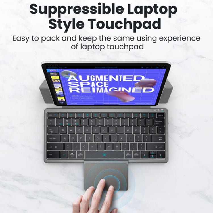 Black portable tablet keyboard with hidden touchpad showing finger use