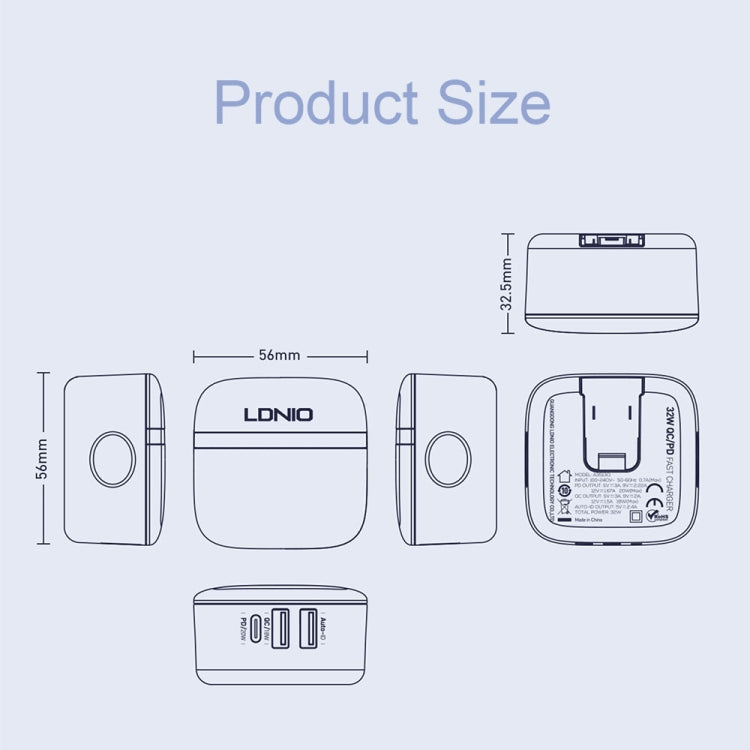 LDNIO wall charger product size chart with front and rear measurement views