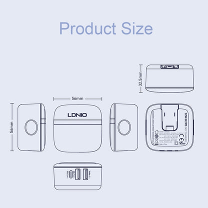 LDNIO wall charger product size chart with front and rear measurement views