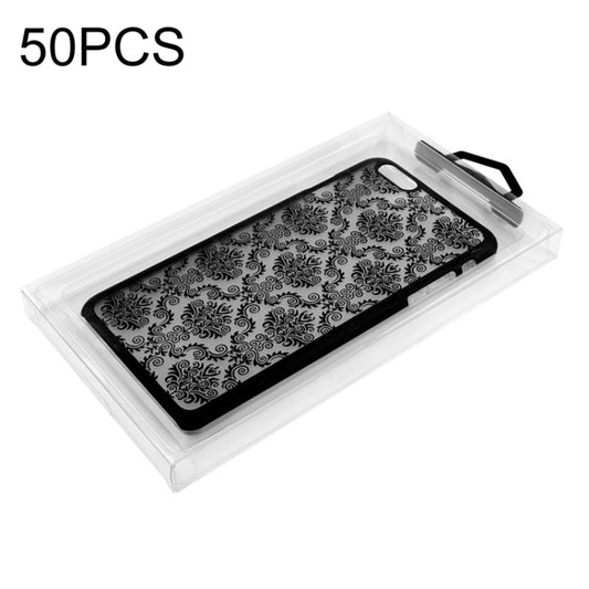 Clear transparent PVC phone case packaging box with black patterned case inside