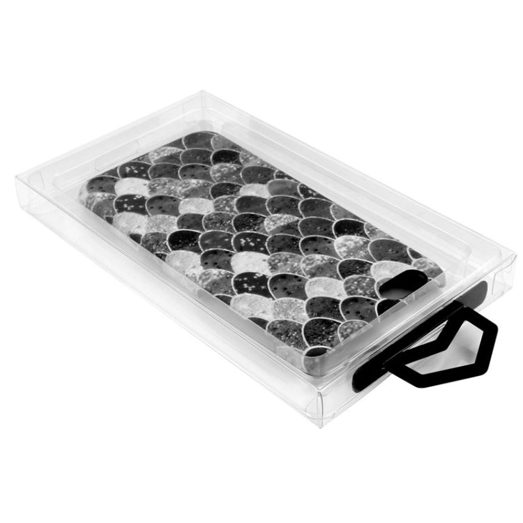 Clear transparent PVC phone case packaging box with gray patterned case inside