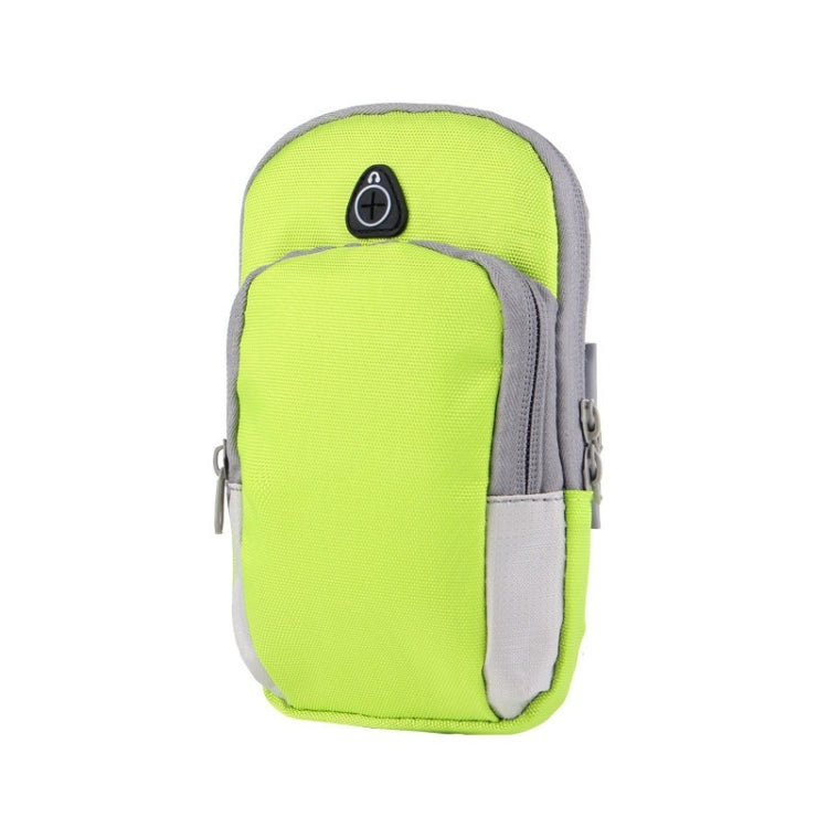 Lime green and gray phone storage arm bag with zipper pocket