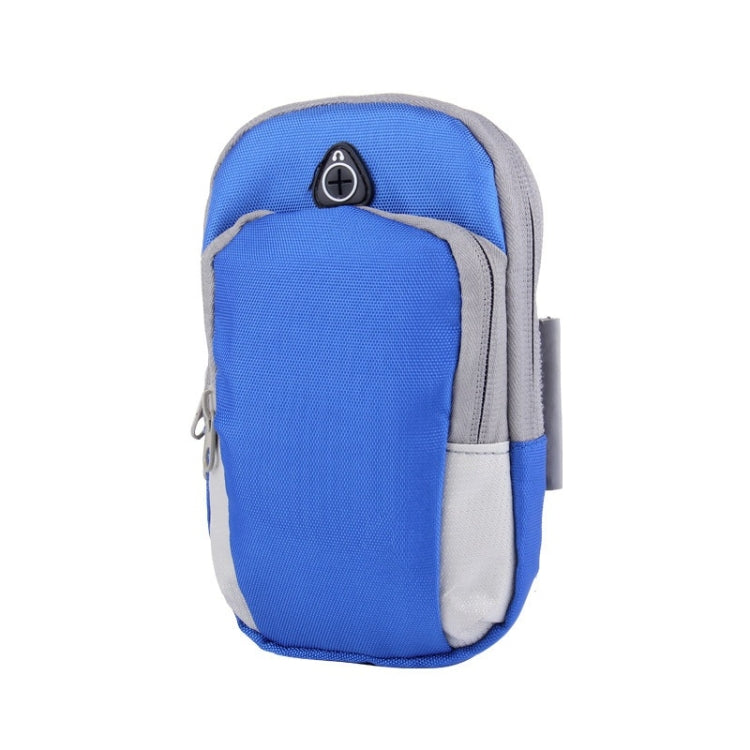 Blue and gray phone storage arm bag with secure zipper compartment