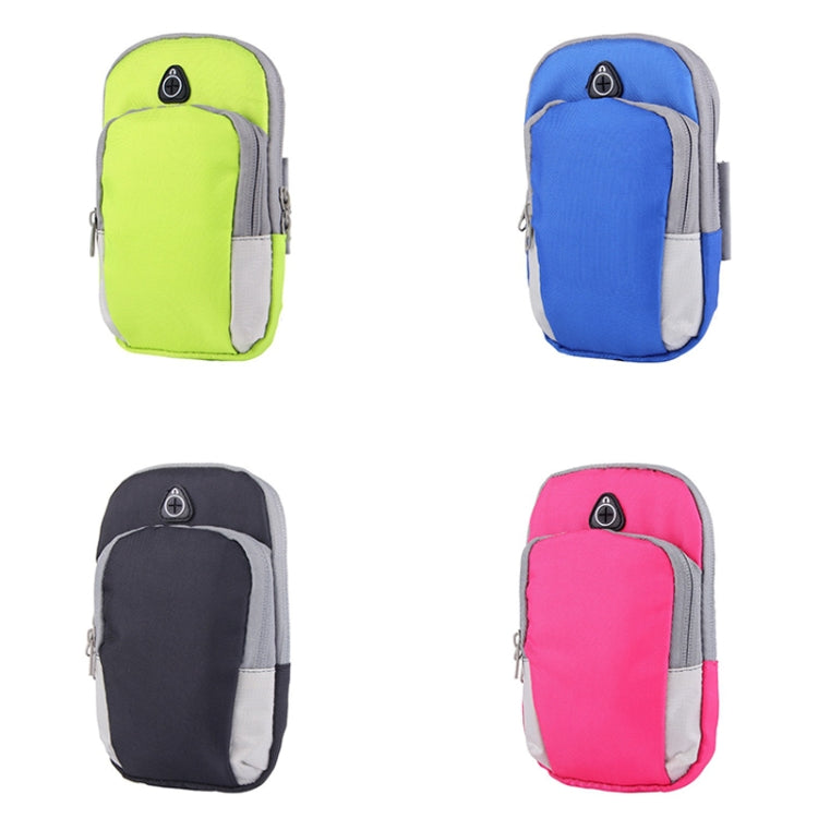 Assorted phone storage arm bags in lime, blue, black, and pink