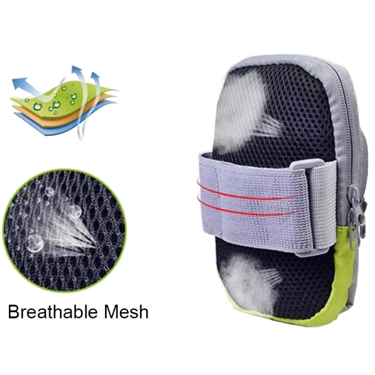 Gray and green phone armband with breathable mesh pocket and adjustable strap