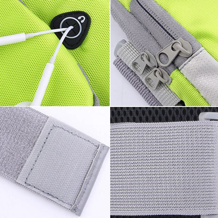 Close-up of lime green phone armband bag with zipper, strap, and buckles