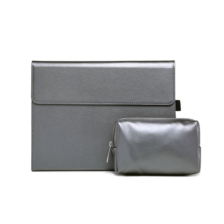 Tablet protective case with flap and matching zip pouch, gray leatherette look