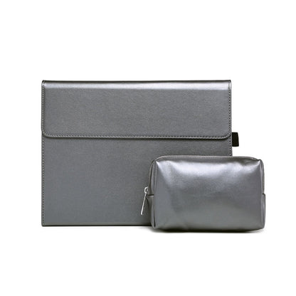 Tablet protective case with flap and matching zip pouch, gray leatherette look