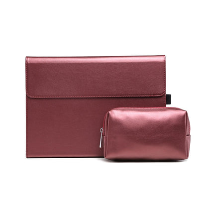 Burgundy tablet protective case with pink zip pouch for power supply