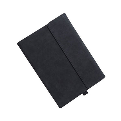 Black protective tablet case with fold-over cover and stitched panel