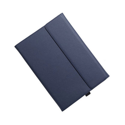 Protective tablet case holder, navy blue faux leather folio with front fold-over cover