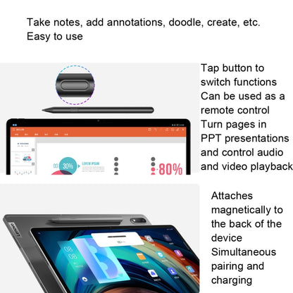 Black stylus pen beside tablet screen, showing attachment and control