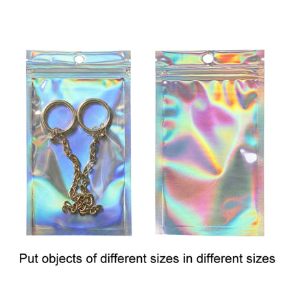 Holographic self-sealing bags with hanging holes, two styles shown