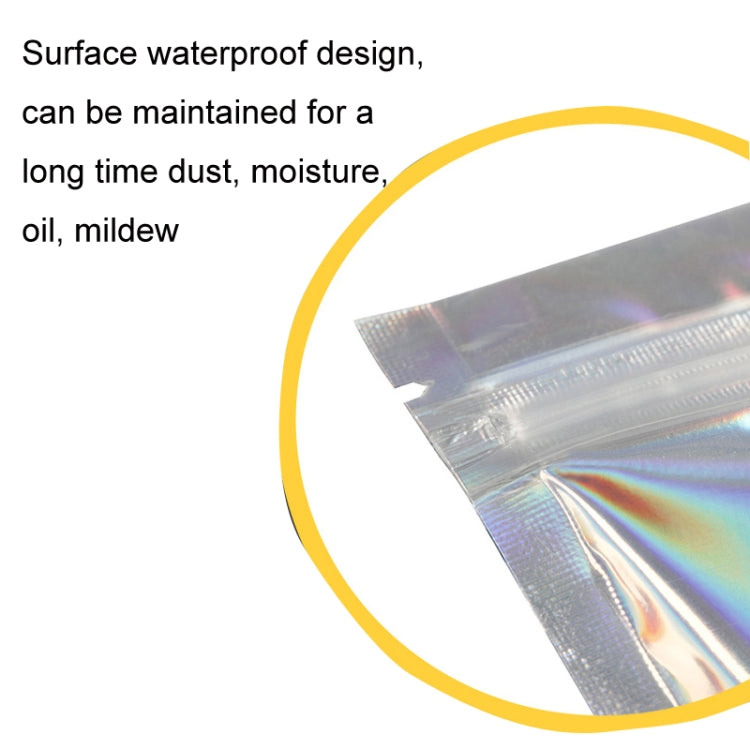Holographic self-sealing packaging bag material close-up with metallic sheen
