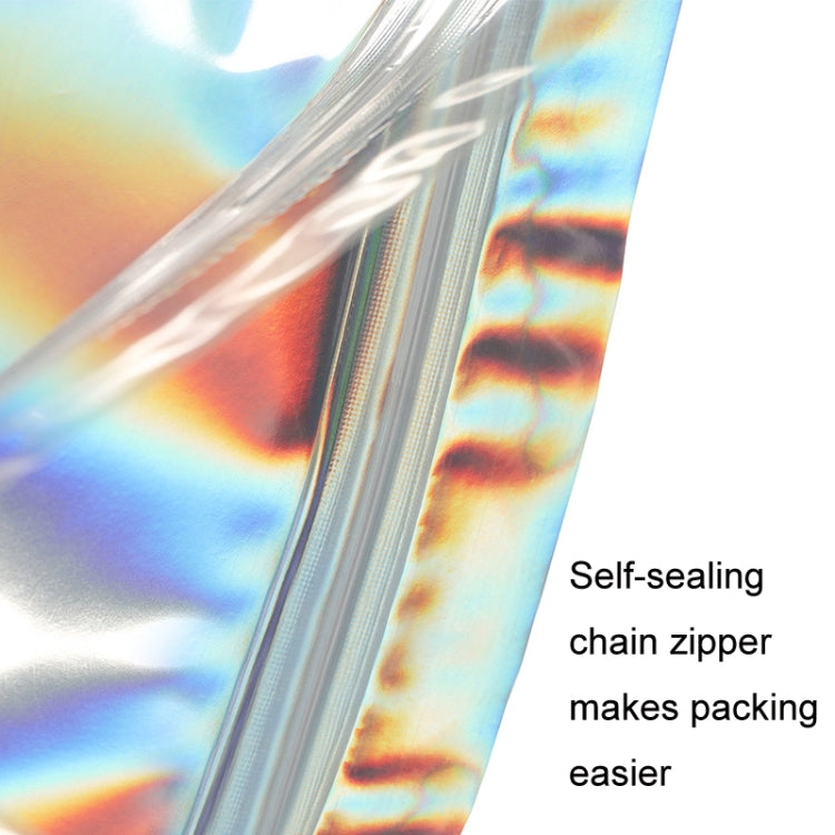 Holographic self-sealing chain zipper on clear plastic bag, close-up
