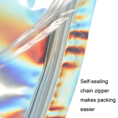 Holographic self-sealing chain zipper on clear plastic bag, close-up