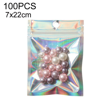 Iridescent self-sealing laser packaging bag with top seal hole and beads, 7x22cm