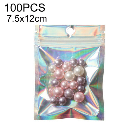 Iridescent self-sealing laser packaging bag with top seal hole and beads, 7.5x12cm