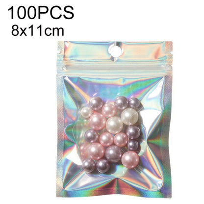 Iridescent self-sealing laser packaging bag with top seal hole and beads, 8x11cm