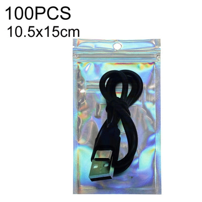 Holographic self-sealing foil bag 10.5x15cm with USB cable inside and hanging hole