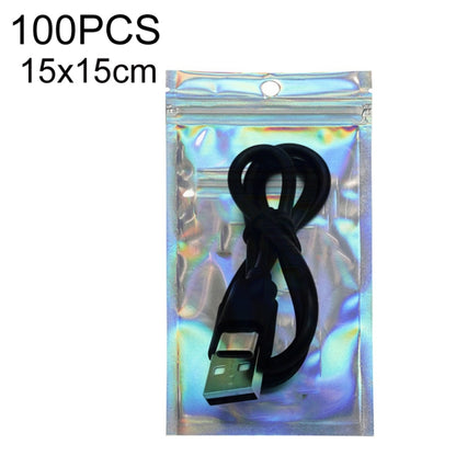 Self-sealing holographic packaging bag, 15x15cm, with black USB cable inside