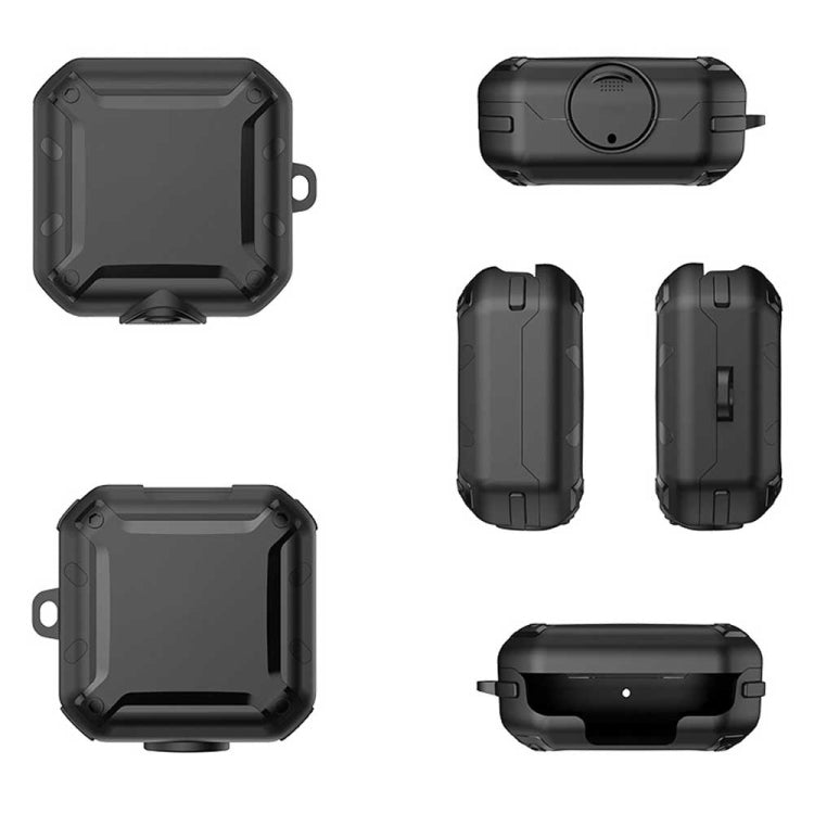 Black silicone earphone case shown from front, back, and side with key ring hole