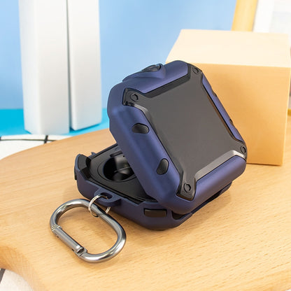 Blue silicone protective earphone case with raised shockproof corners and carabiner ring