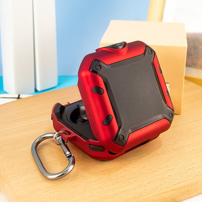 Red silicone protective earphone case with shockproof corners and carabiner key ring