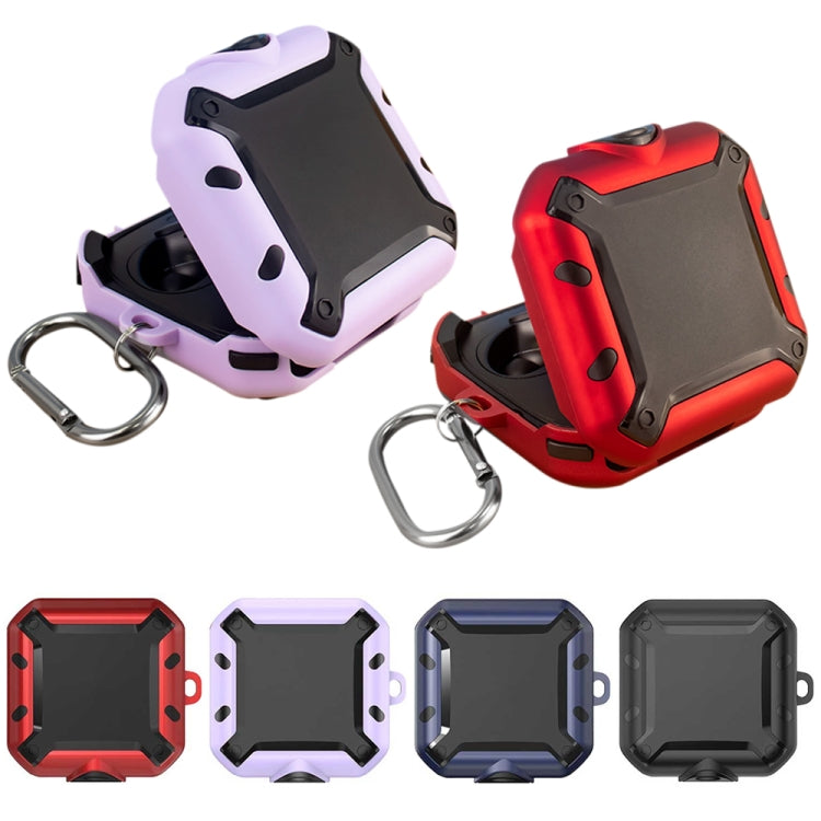 Purple and red silicone earphone cases with carabiner ring, shown from multiple angles