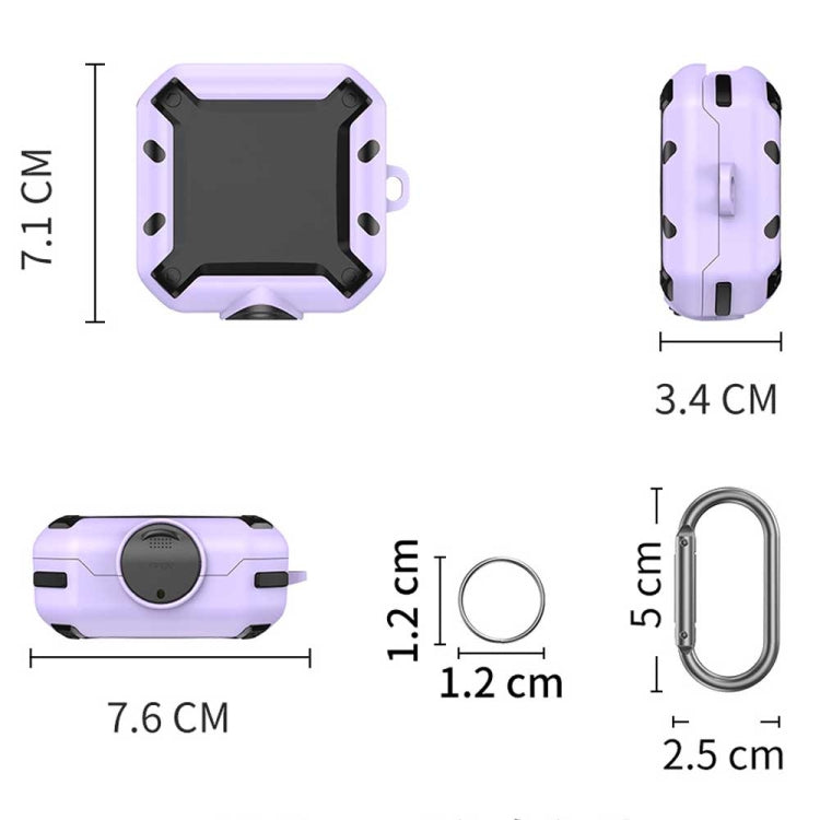 Purple silicone earphone case with size measurements and carabiner ring sizing markers