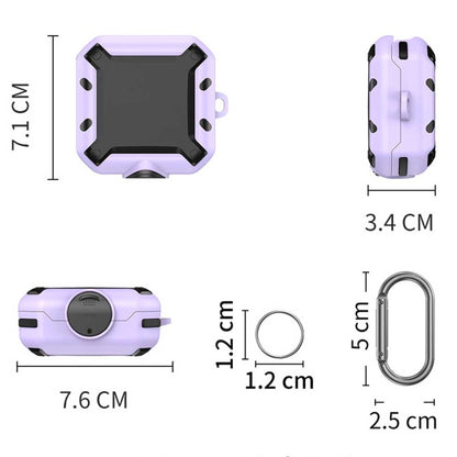 Purple silicone earphone case with size measurements and carabiner ring sizing markers